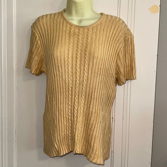 Vintage 80s Liz Claiborne Collection gold ribbed rayon short sleeve sweater - Picture 1 of 8